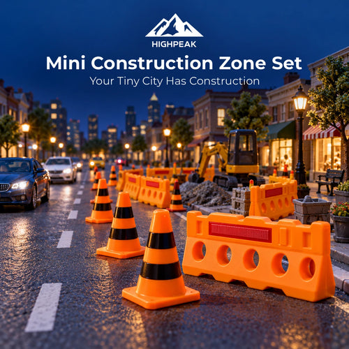 Mini Construction Zone Set with black-striped cones and barricades lining an illuminated model street.