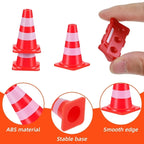 Mini Construction Zone Set close-ups showing a cone base, white stripes and a small barricade held by fingers.