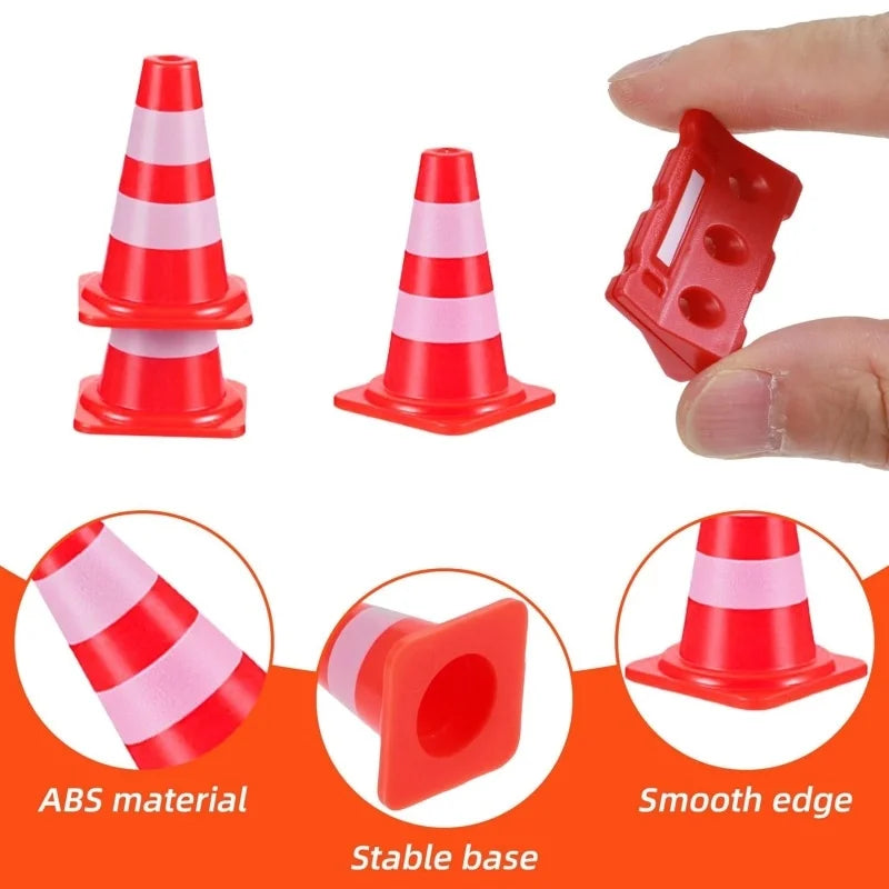Mini Construction Zone Set close-ups showing a cone base, white stripes and a small barricade held by fingers.