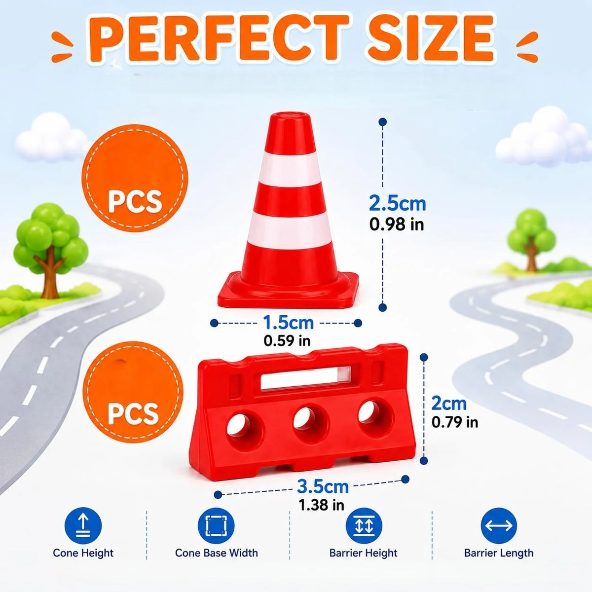 Mini Construction Zone Set size guide showing a 2.5 cm cone and a 3.5 cm wide, 2 cm tall barricade.