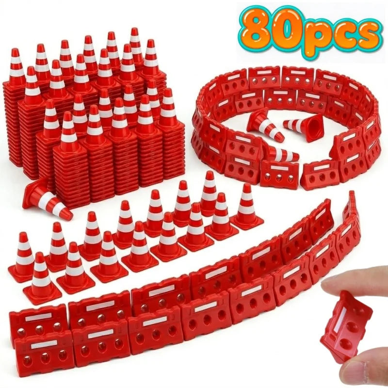 Mini Construction Zone Set orange 80-piece layout with stacked white-striped cones and linked barricades.