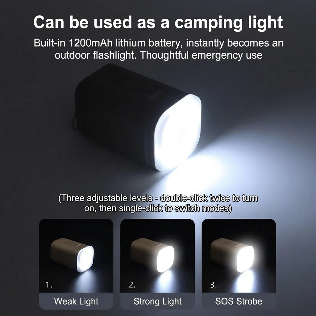Mini Electric Air Pump showing low, bright, and SOS strobe camping light modes
