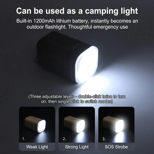 Mini Electric Air Pump showing low, bright, and SOS strobe camping light modes