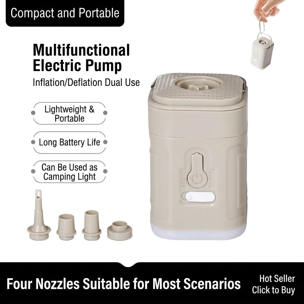 Mini Electric Air Pump feature overview with compact carry handle, camping light, and four nozzles shown