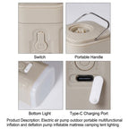 Mini Electric Air Pump close-ups showing power switch, carry handle, bottom light, and USB-C port