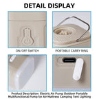Mini Electric Air Pump detail panels for the switch, carry ring, bottom light, and charging port