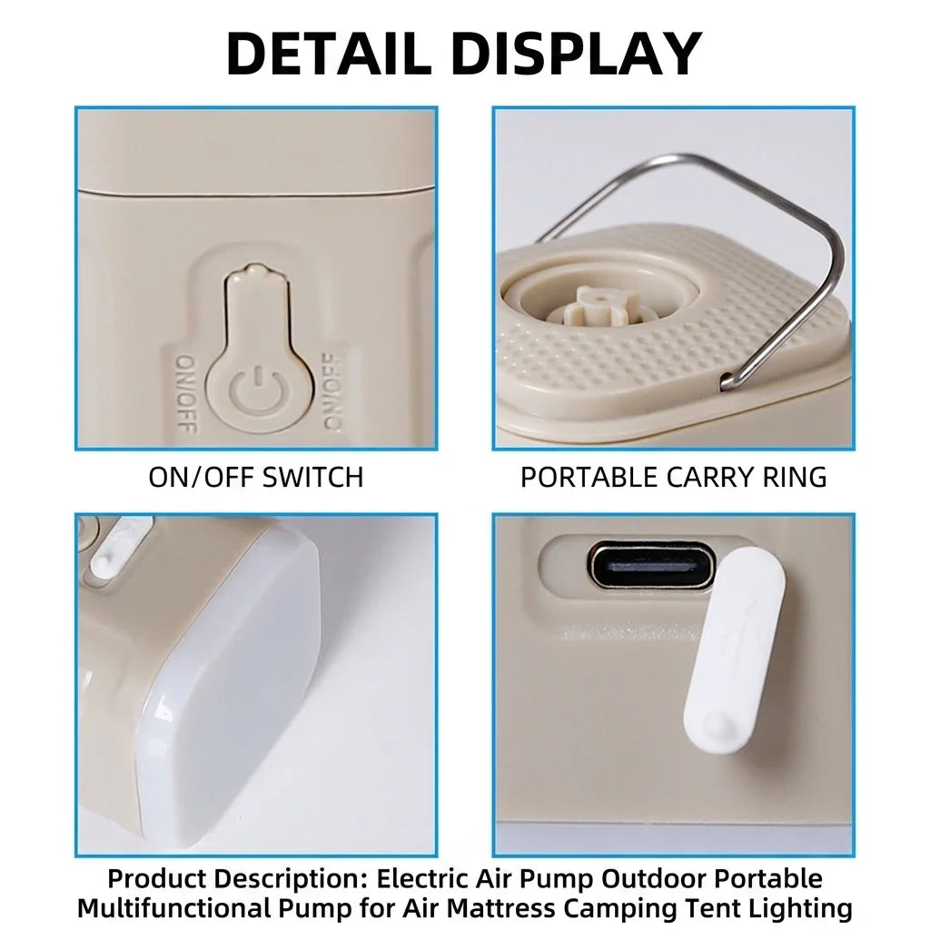 Mini Electric Air Pump detail panels for the switch, carry ring, bottom light, and charging port