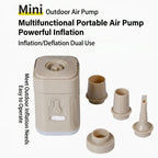 Mini Electric Air Pump displayed with four nozzle types for outdoor inflation and deflation
