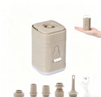 Mini Electric Air Pump in khaki with five nozzle attachments, USB-C cable, and hand-size comparison