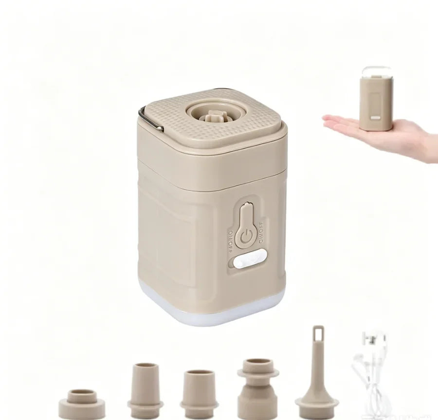 Mini Electric Air Pump in khaki with five nozzle attachments, USB-C cable, and hand-size comparison