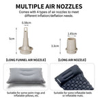 Mini Electric Air Pump nozzle guide showing long funnel and long nozzle measurements and uses