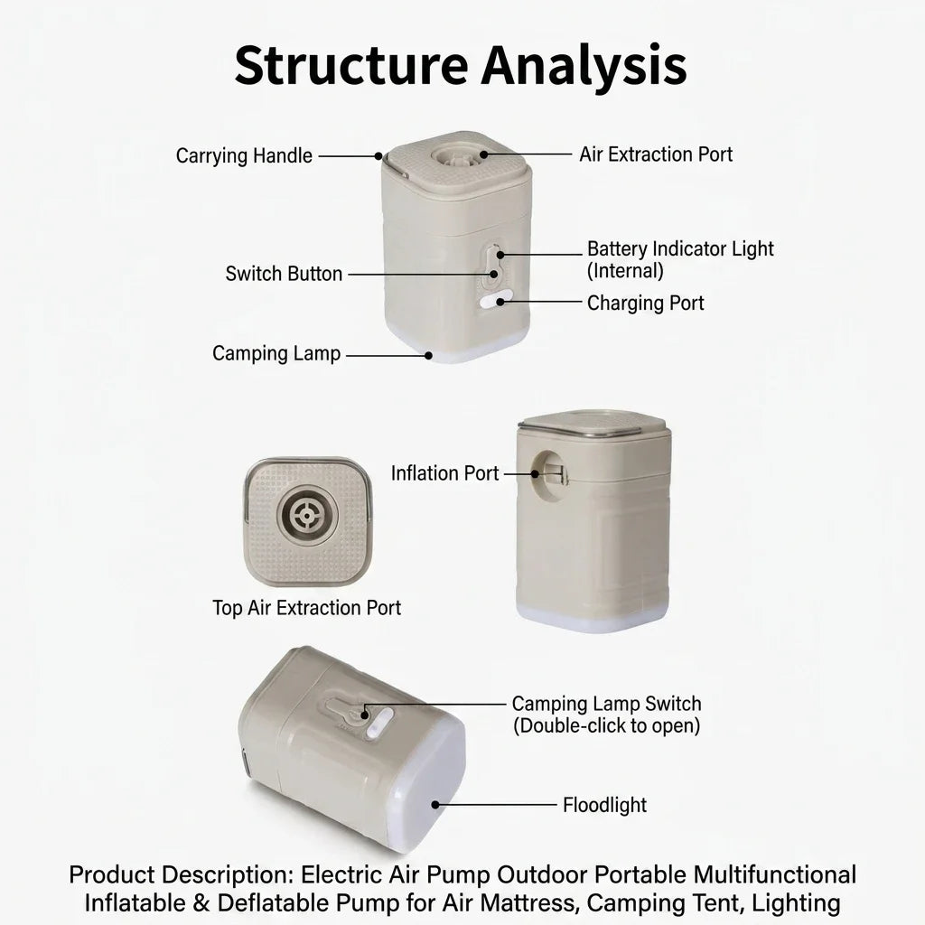 Mini Electric Air Pump structure diagram labeling airflow ports, controls, indicator, and camping lamp