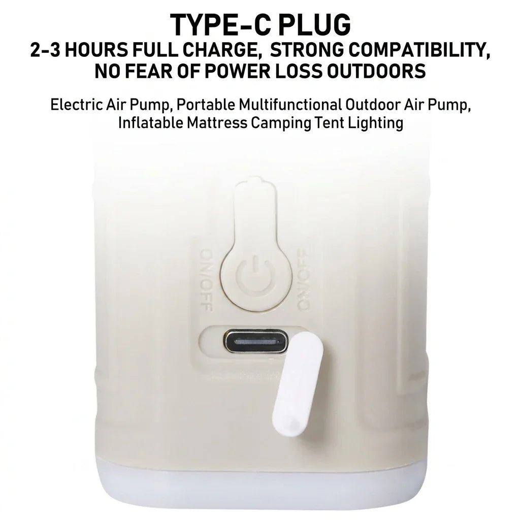 Mini Electric Air Pump USB-C charging port with the listed two-to-three-hour full charge time