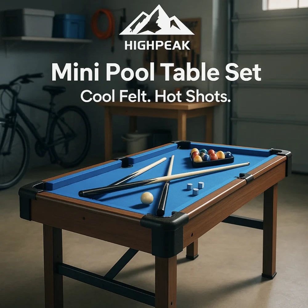 HighPeak 48" Mini Pool Table Set with blue felt, cues, balls, and stable legs in a modern game room setting