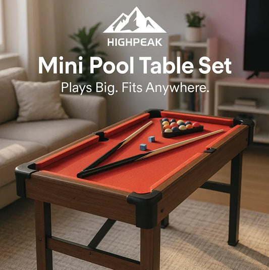 HighPeak 48" Mini Pool Table Set with red felt, cues, balls, and chalk in a cozy living room setup