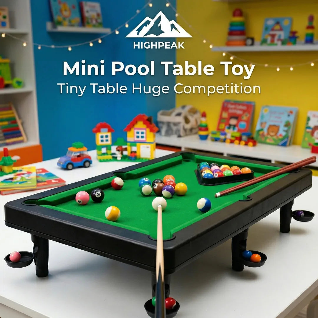 Mini pool table toy with colorful balls and cues on a shelf with toys and books in the background.