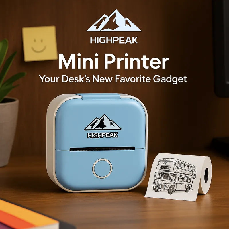 HighPeak Mini Printer in pastel blue on desk printing detailed black and white sketch with ink-free thermal technology