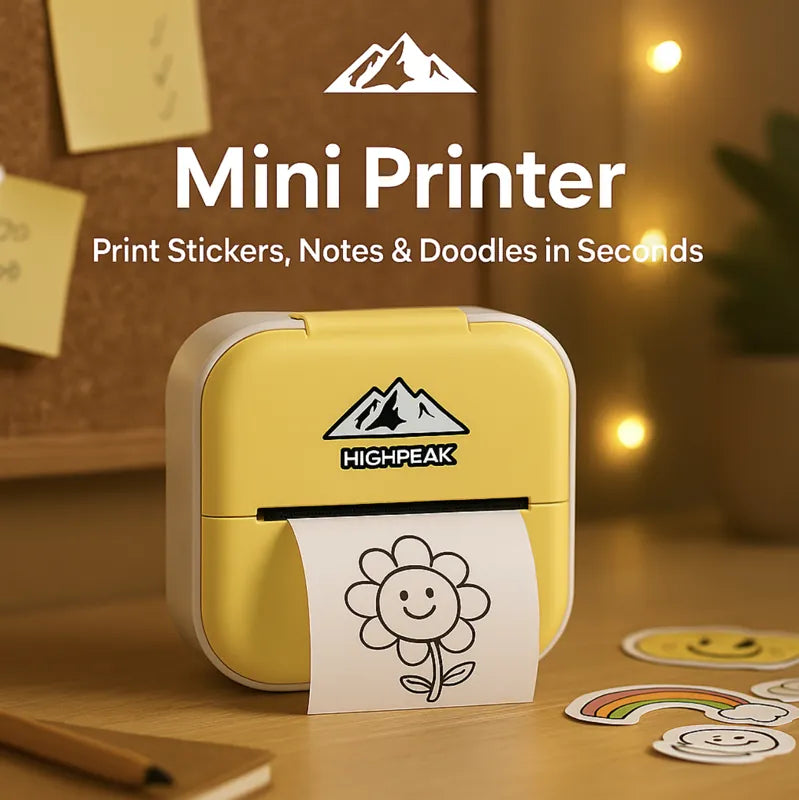 HighPeak Mini Printer in yellow printing a black and white flower doodle, ideal for stickers and notes on a desk.