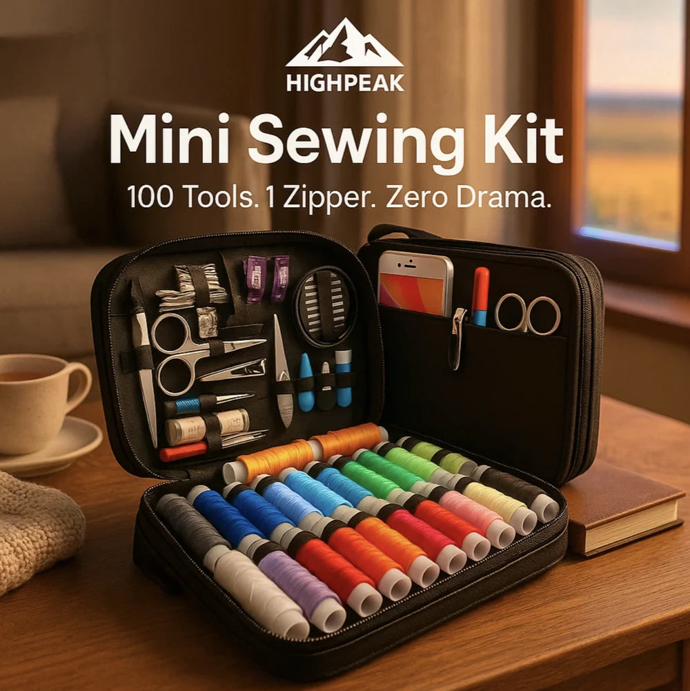 HighPeak Mini Sewing Kit with 100 colorful threads, scissors, needles, and organized black zippered case on a wooden table.