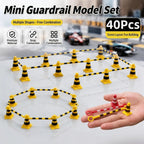 Mini Traffic Cone Set yellow barriers arranged in rows and a ring, with a hand showing the tiny pieces.