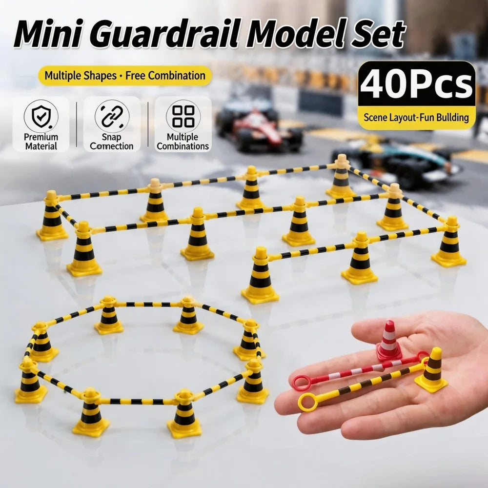 Mini Traffic Cone Set yellow barriers arranged in rows and a ring, with a hand showing the tiny pieces.