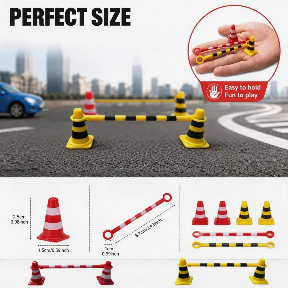Mini Traffic Cone Set size guide showing 2.5 cm cone height, 1.5 cm base width and 8.7 cm bar length.