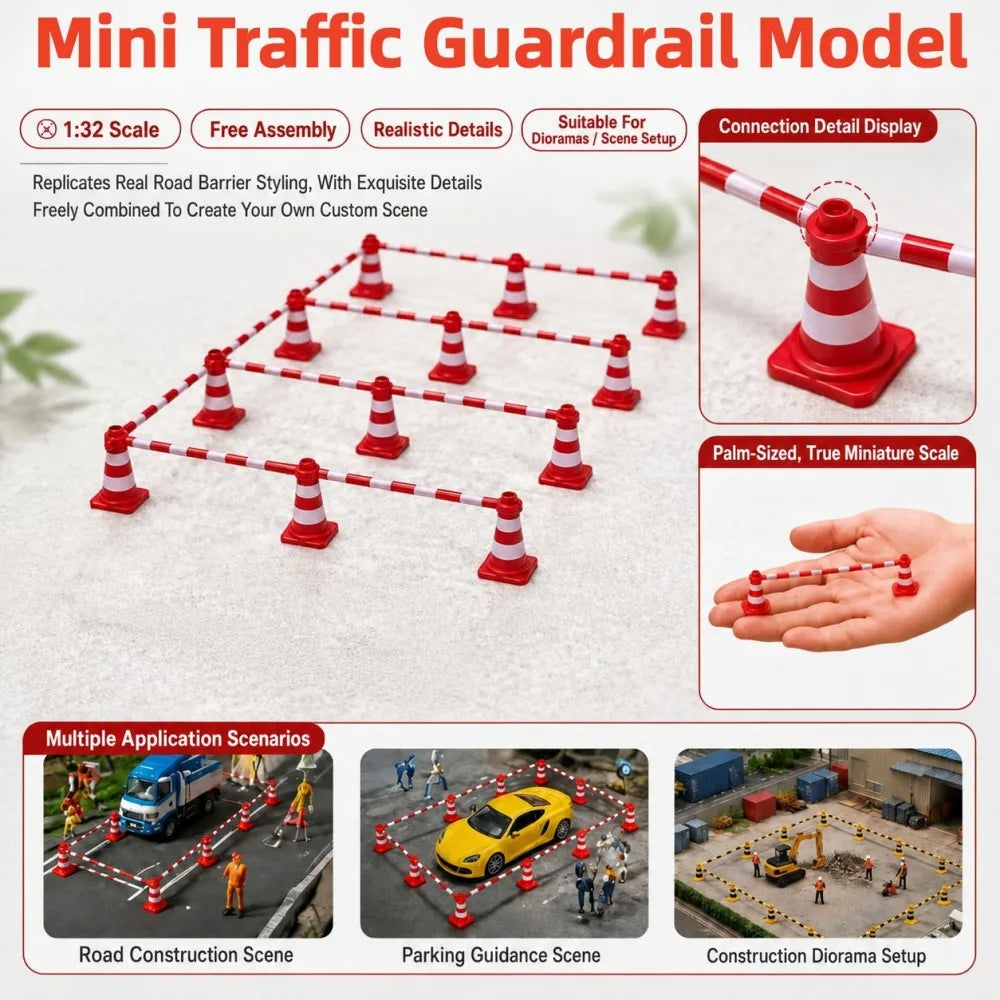 Mini Traffic Cone Set red-toned cones with loop connections and roadwork, parking and construction scenes.