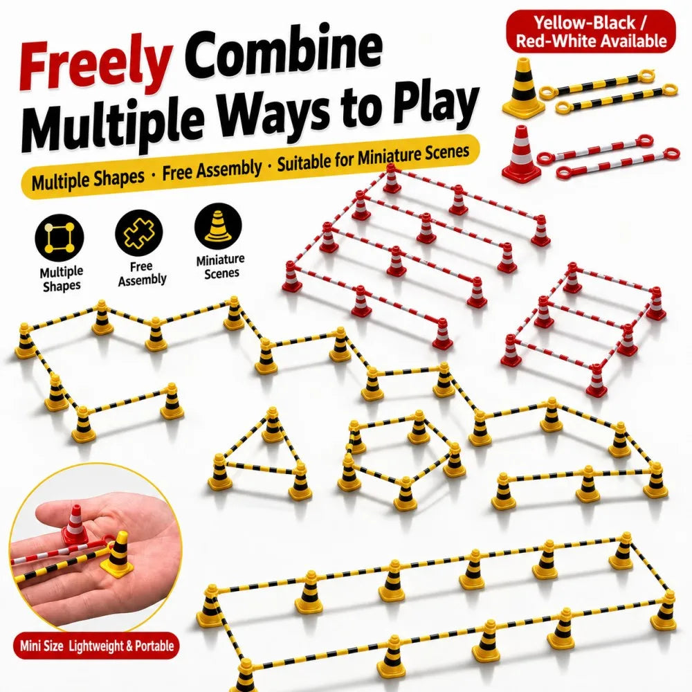 Mini Traffic Cone Set striped cones and bars arranged into straight, zigzag, rectangular and circular layouts.
