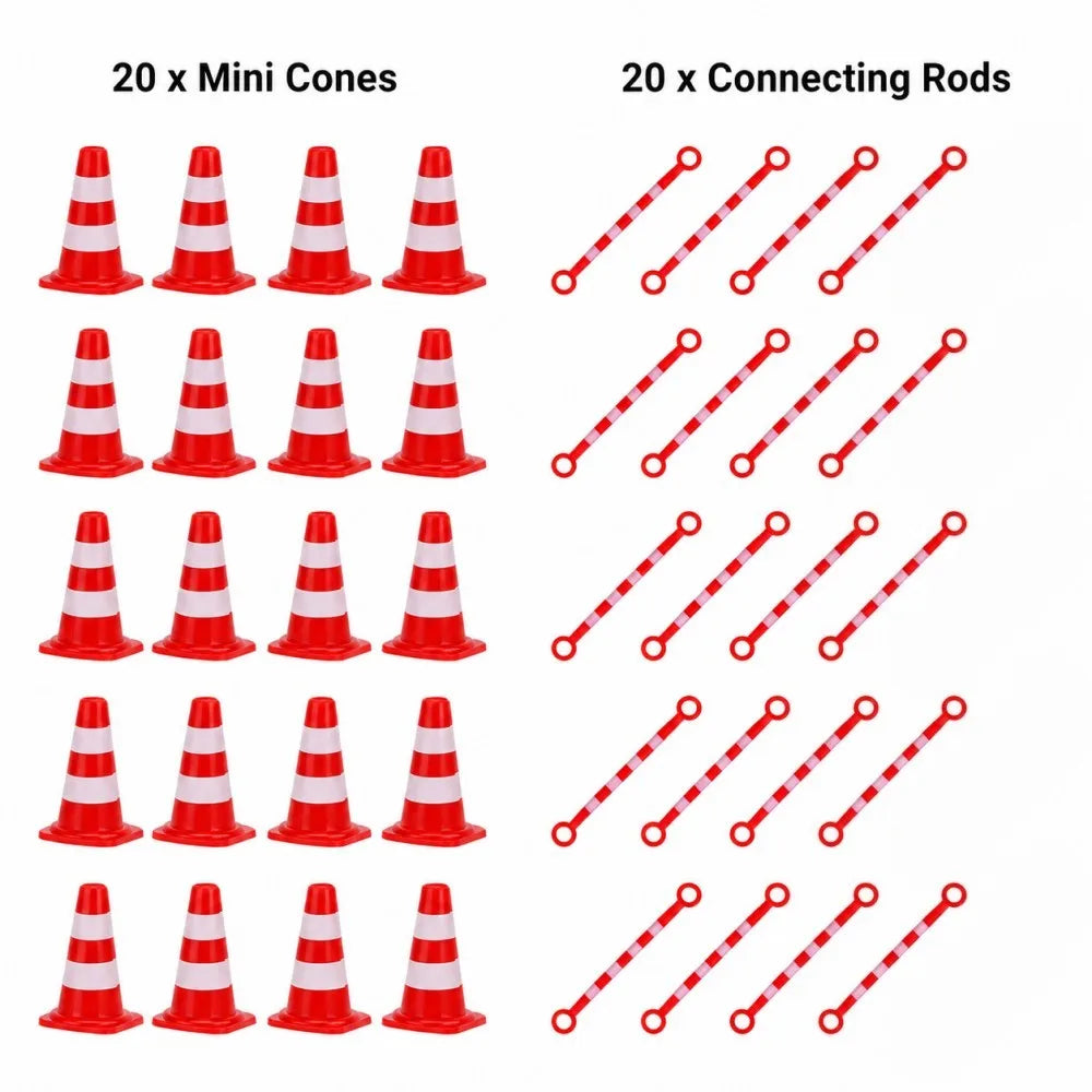 Mini Traffic Cone Set orange-and-white option shown in a red tone, with 20 cones and 20 connecting bars.
