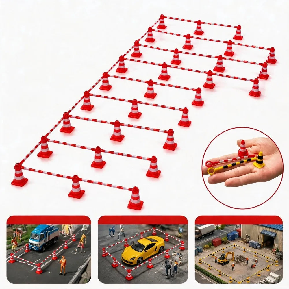 Mini Traffic Cone Set red-and-white barriers in rows above three miniature roadwork and parking examples.
