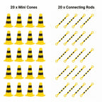 Mini Traffic Cone Set yellow-and-black option with 20 miniature cones and 20 striped connecting bars.