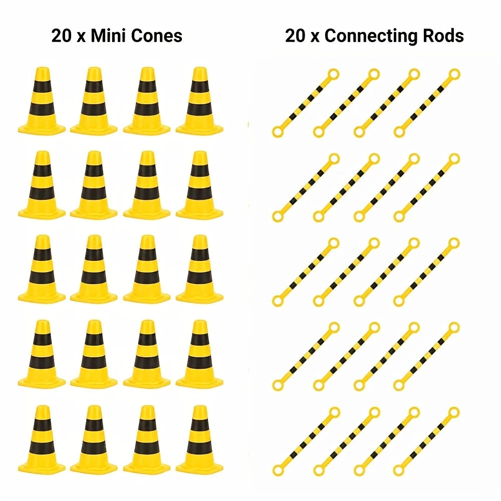 Mini Traffic Cone Set yellow-and-black option with 20 miniature cones and 20 striped connecting bars.