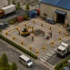 Mini Traffic Cone Set yellow-and-black barriers surrounding a miniature excavator and construction scene.