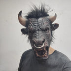 Minotaur Costume Mask worn with a gray T-shirt, showing the adult fit, upright black hair and curved horns.