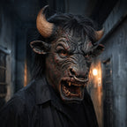 Minotaur Costume Mask styled with a black jacket in a dark hallway, showing horns and a snarling bull face.