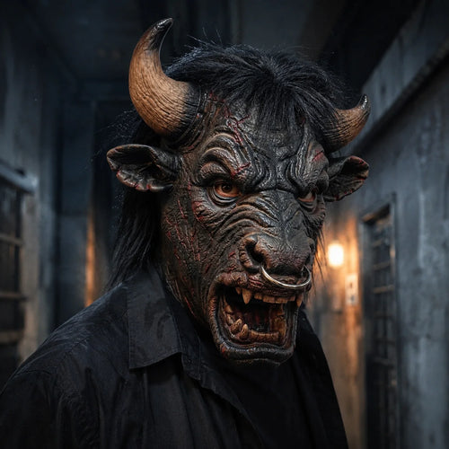 Minotaur Costume Mask styled with a black jacket in a dark hallway, showing horns and a snarling bull face.