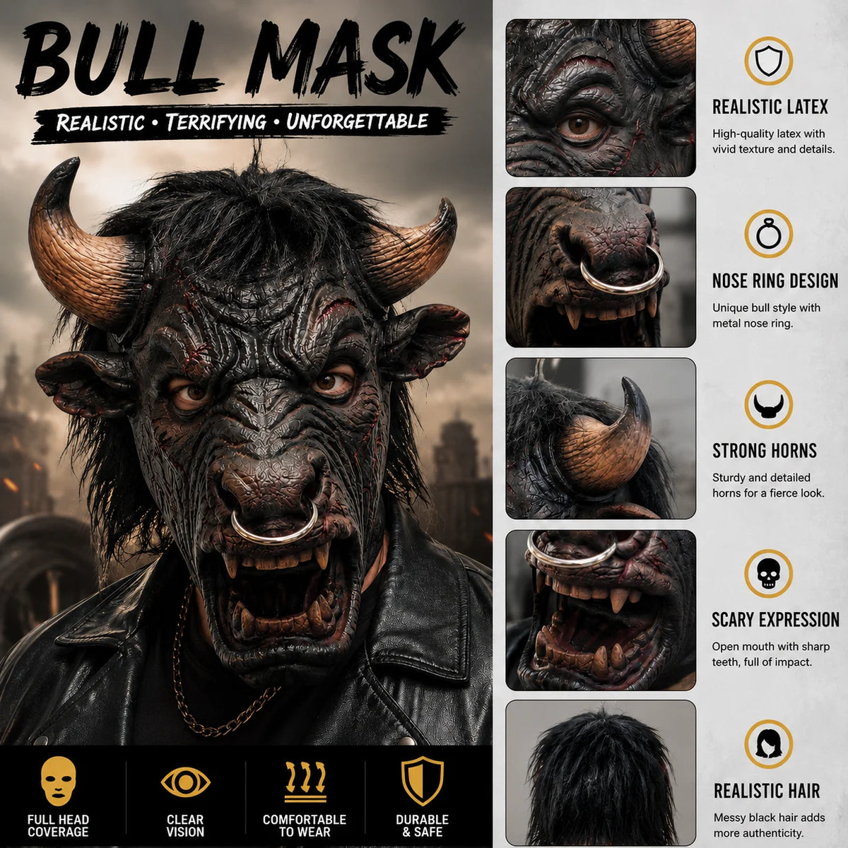 Minotaur Costume Mask feature guide with close-ups of latex texture, nose ring, horns, fangs and black hair.