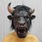 Minotaur Costume Mask front view on a display bust, showing curved horns, black hair, fangs and nose ring.