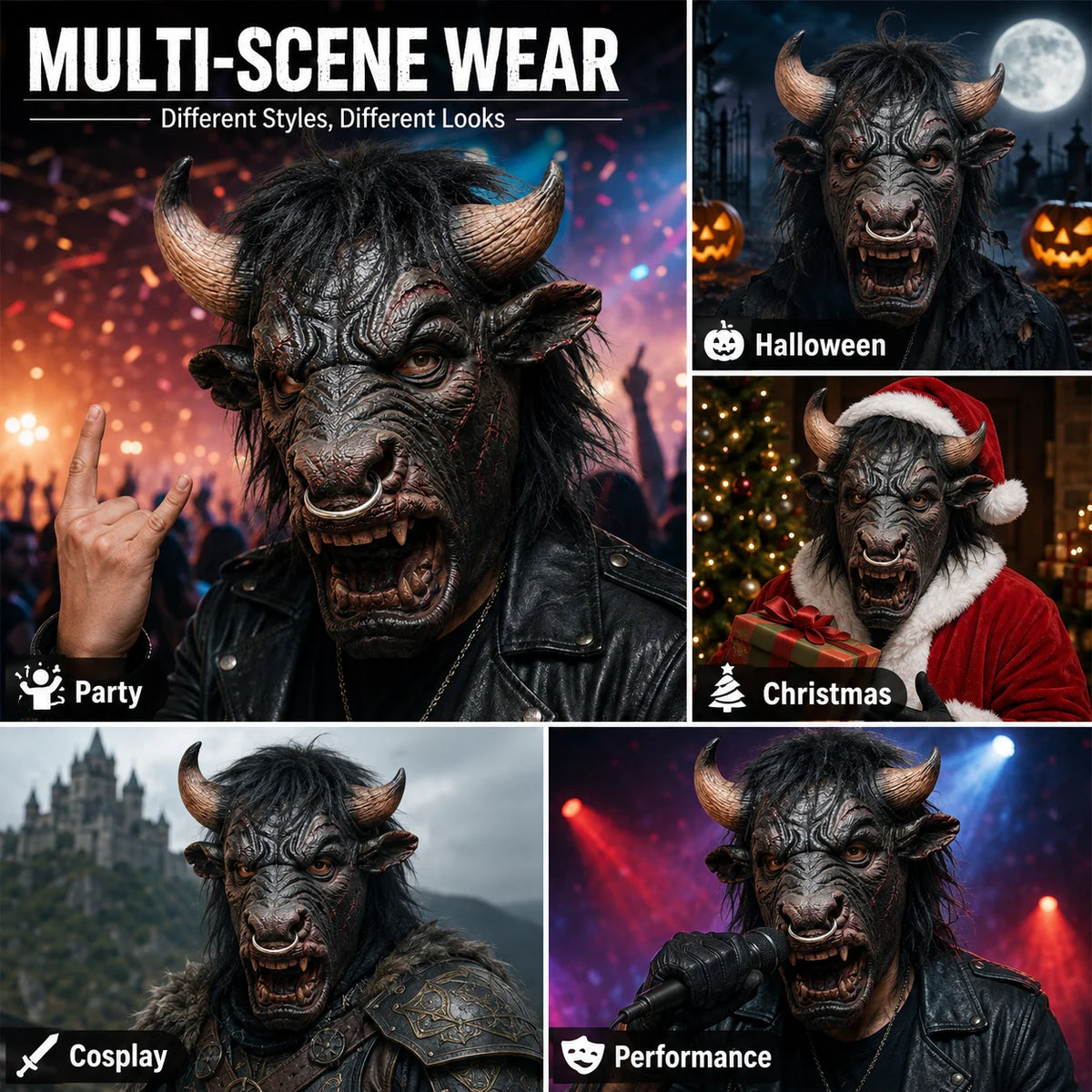 Minotaur Costume Mask styling collage for parties, Halloween, Christmas, fantasy cosplay and performances.