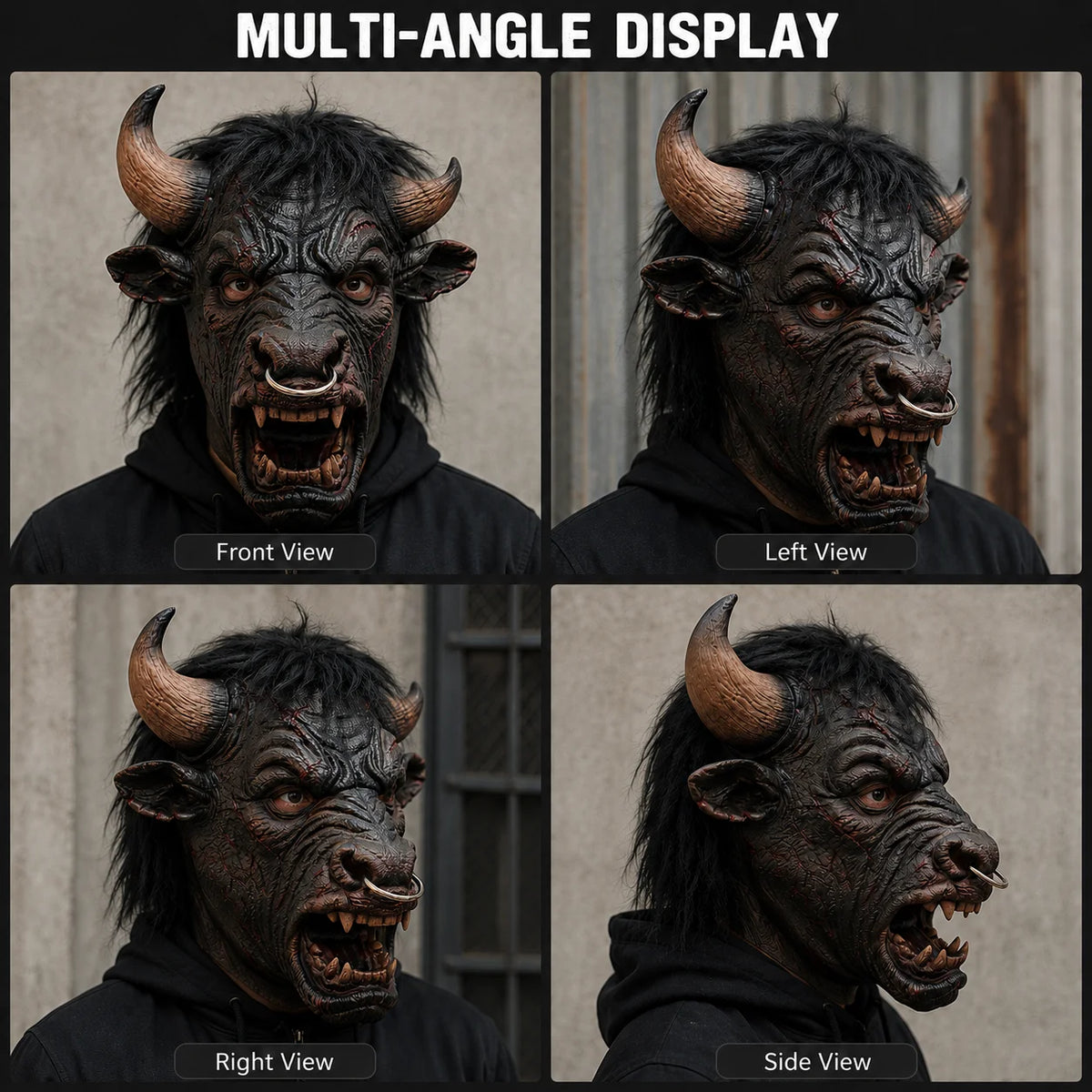 Minotaur Costume Mask multi-angle guide showing front, angled and side views with a black hooded outfit.