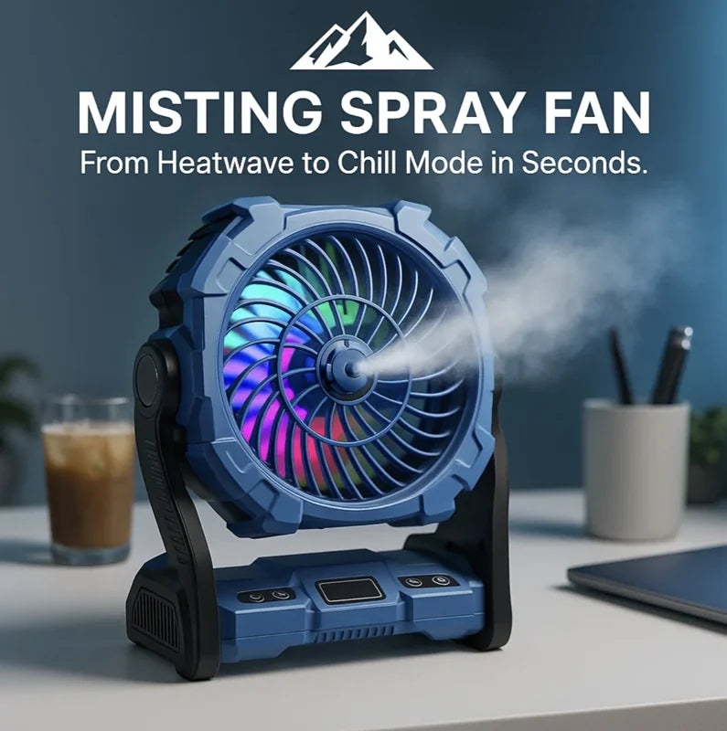 HighPeak Misting Spray Fan in blue with LED lights and mist spray on a desk cooling indoor workspace environment