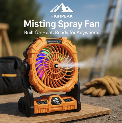 HighPeak Misting Spray Fan in orange with LED lights on wooden surface emitting mist, outdoor use for cooling heat relief.