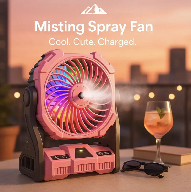 HighPeak Misting Spray Fan in pink with LED lights and mist spray on outdoor table at sunset cooling scene