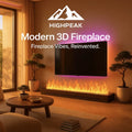 HighPeak Modern 3D Fireplace with realistic flames and black sleek design under mounted TV in cozy living room setting