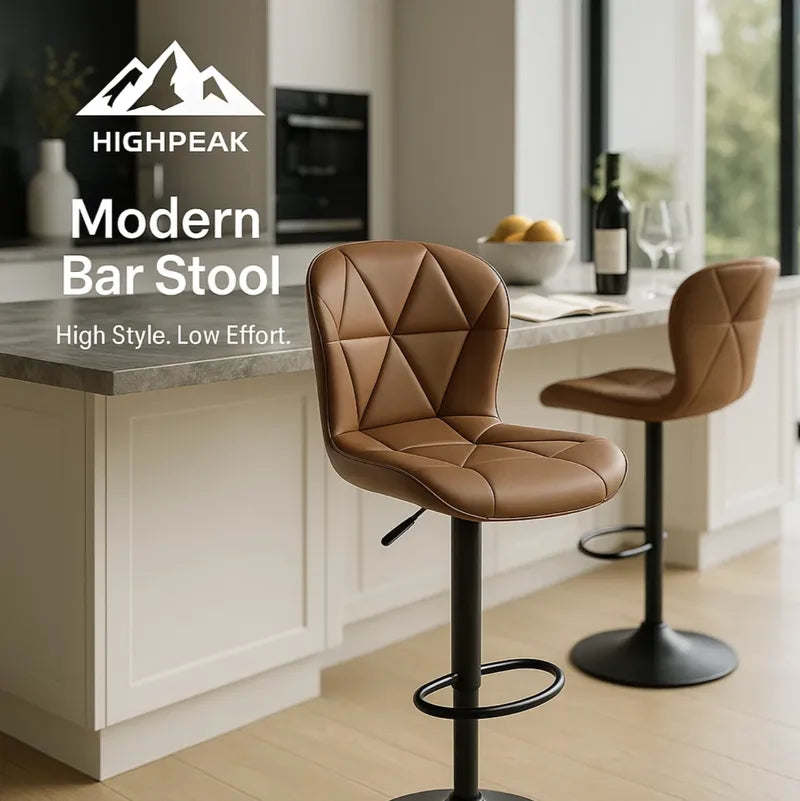 HighPeak Modern Bar Stool in brown faux leather with adjustable height and swivel base at a kitchen island setting