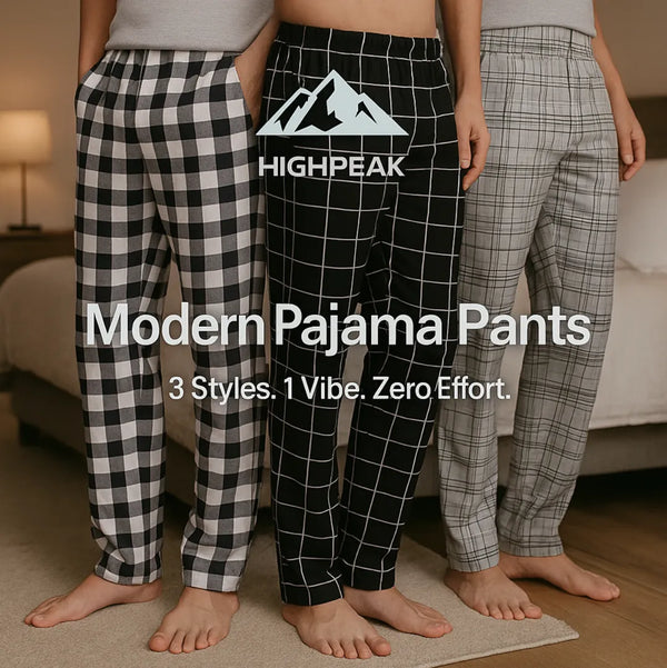 HighPeak Modern Pajama Pants 3-pack in black and white plaid with drawstring waist and side pockets for cozy lounging.