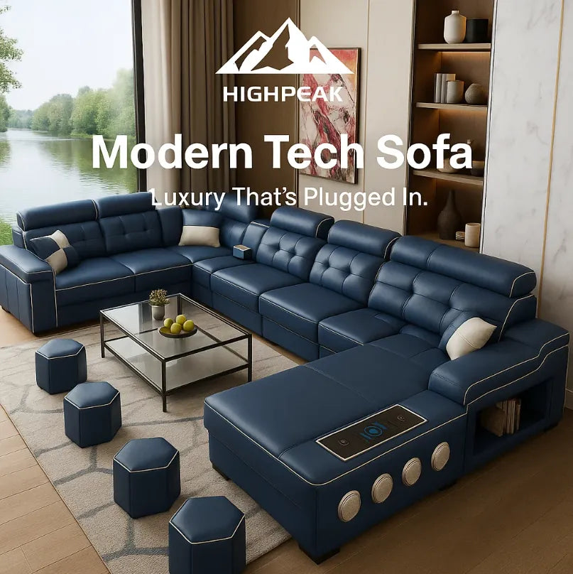 HighPeak Modern Tech Sofa in navy blue with Bluetooth speakers, USB charging ports, chaise lounge, and hidden storage in a bright living room