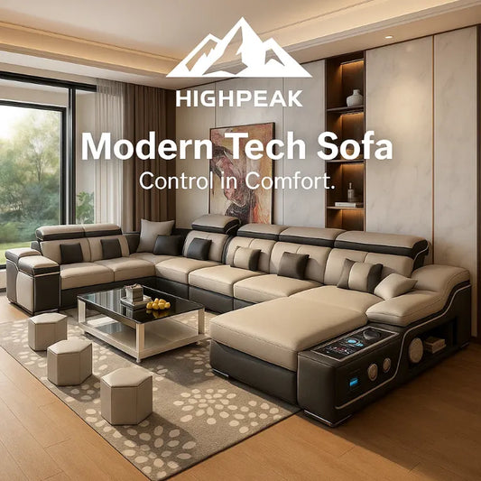 HighPeak Modern Tech Sofa in beige and black with Bluetooth speakers, USB charging, chaise lounge in a modern living room setting