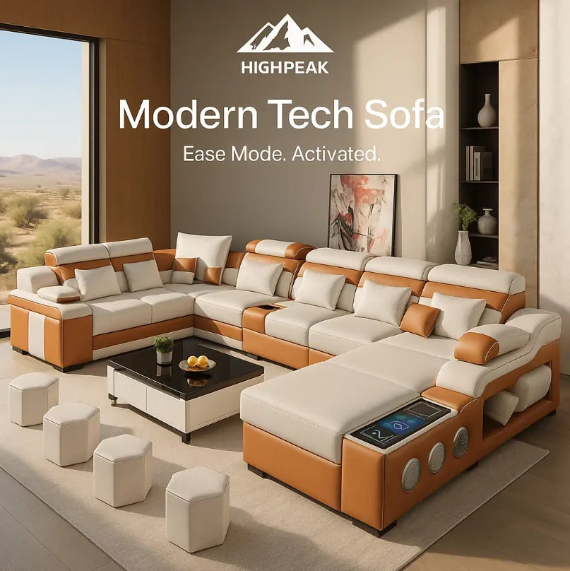 HighPeak Modern Tech Sofa in tan and cream with Bluetooth speakers, USB charging, chaise lounge, and modular design in living room.