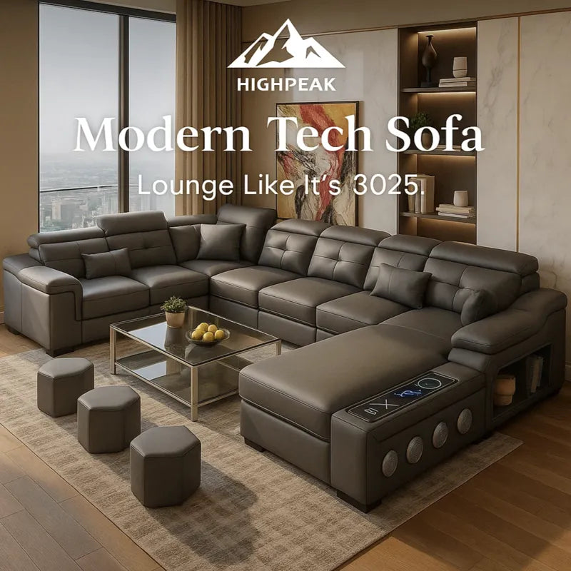 HighPeak Modern Tech Sofa in dark gray with Bluetooth speakers, USB charging, chaise lounge, and built-in storage in a modern living room.